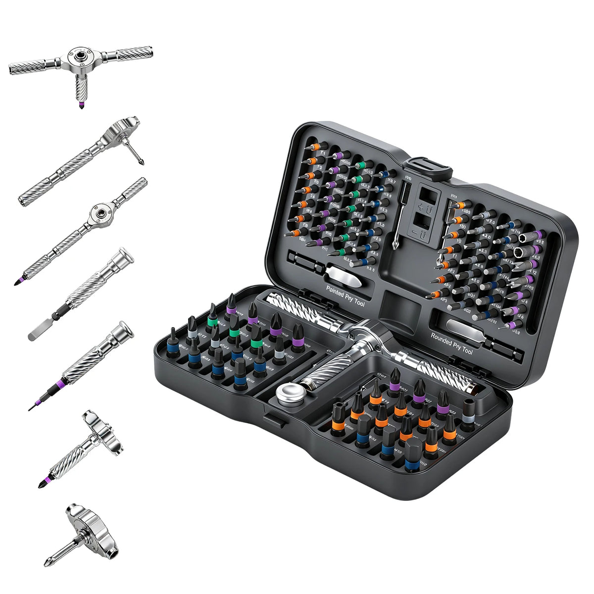 A precision multi-bit screwdriver set with a magnetic ratchet and various screwdriver bits displayed in an open case.