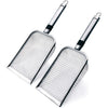 A heavy duty stainless steel soil sieve set with long handles and mesh screens.