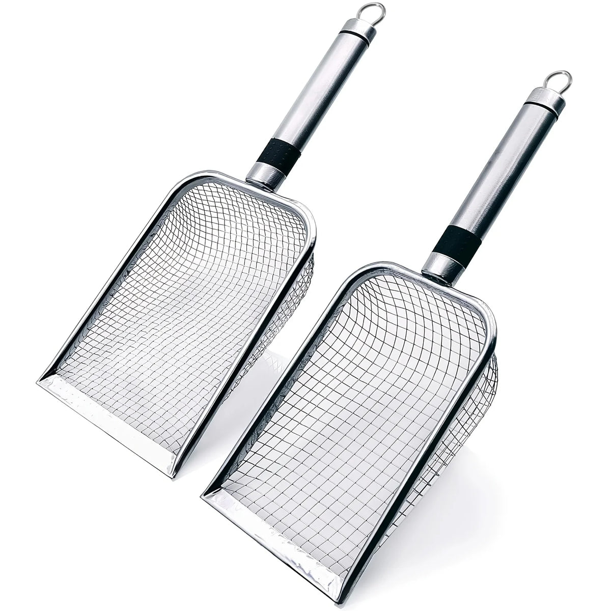 A heavy duty stainless steel soil sieve set with long handles and mesh screens.