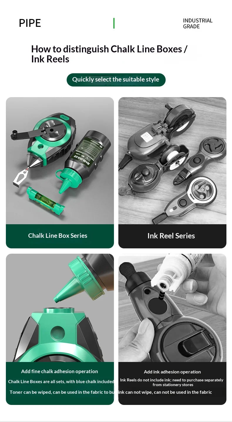 Comparison of Chalk Line Box Series and Ink Reel Series tools for distinguishing features.