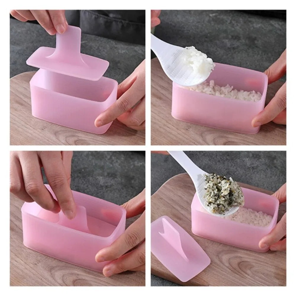 A pink DIY sushi and onigiri making kit showing various components for preparing rice and shaping food.