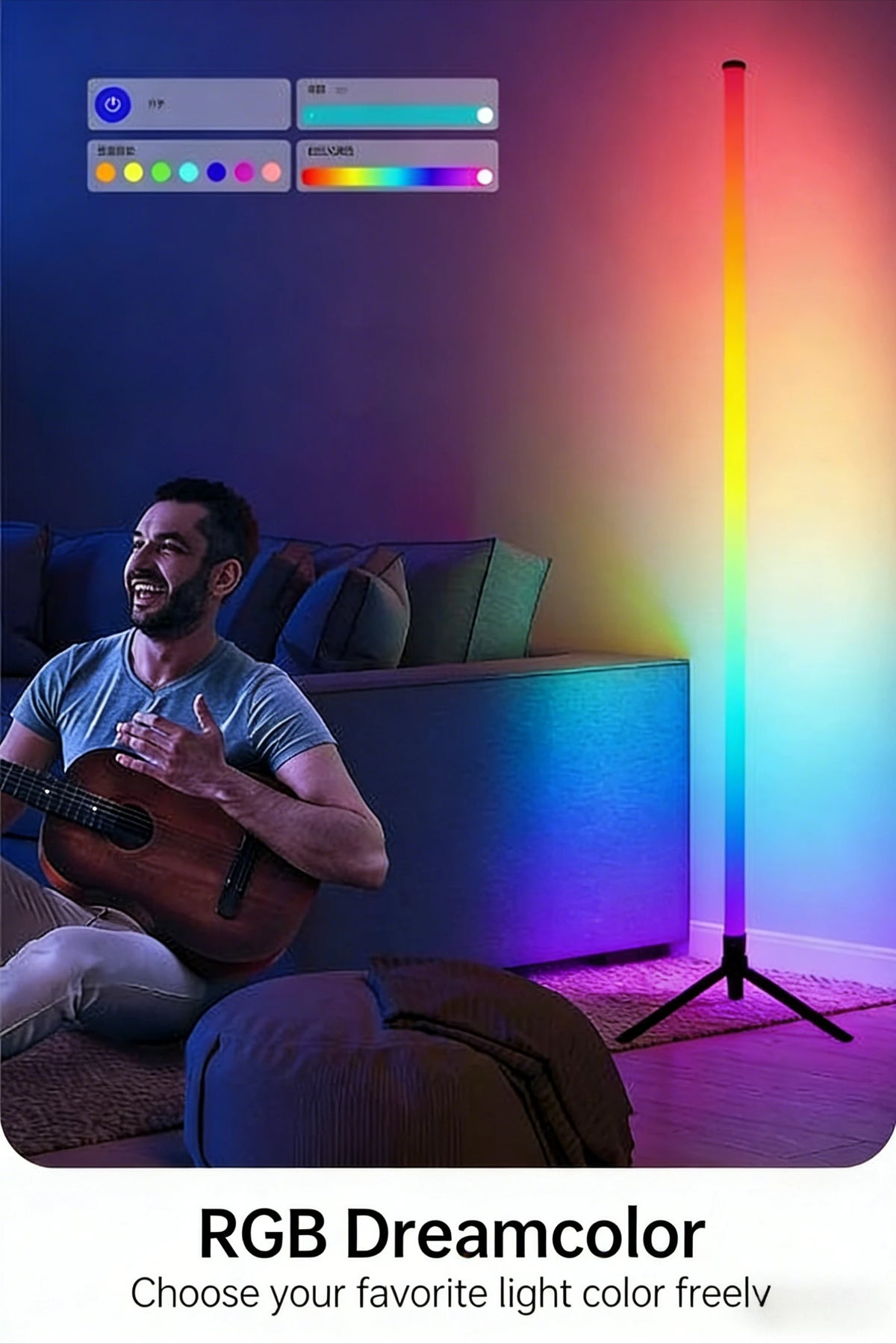 An RGB Dreamcolor LED floor lamp bar illuminates a room, with a man playing an acoustic guitar in the background.