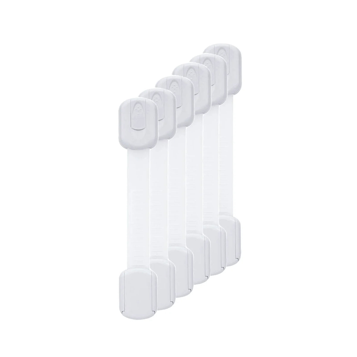 A set of white adjustable child safety locks for cabinets and drawers, shown in a vertical row.