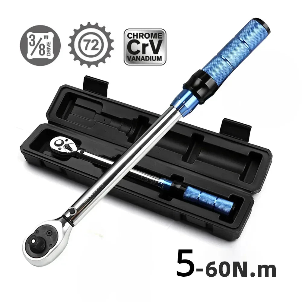 A precision torque wrench set with a chrome vanadium handle and jaws, shown in an open black storage case.