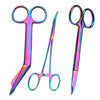 A pair of iridescent rainbow titanium suture removal scissors shown against a white background.