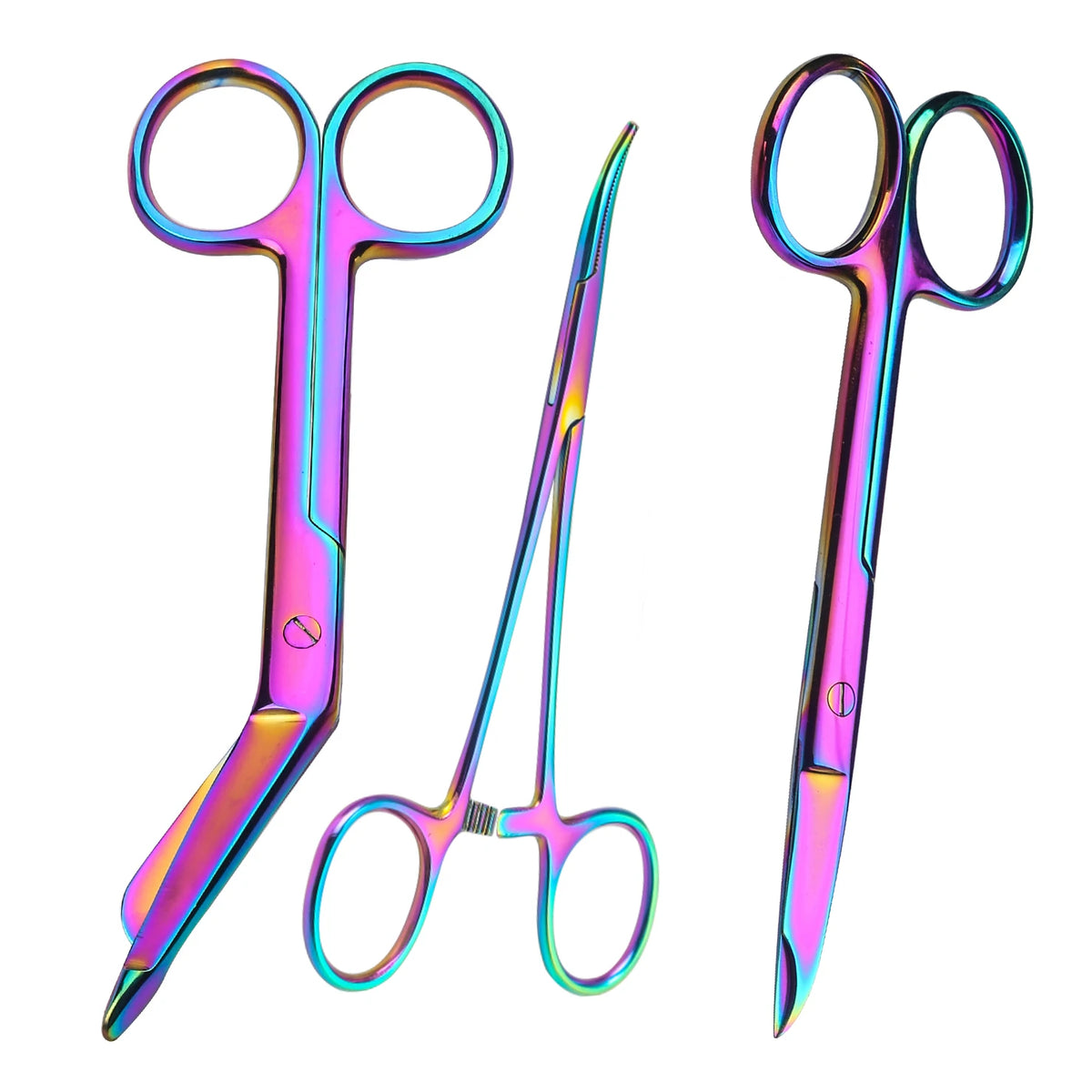 A pair of iridescent rainbow titanium suture removal scissors shown against a white background.