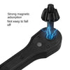 A black electric drill and ratchet key set with a magnetic attachment feature.