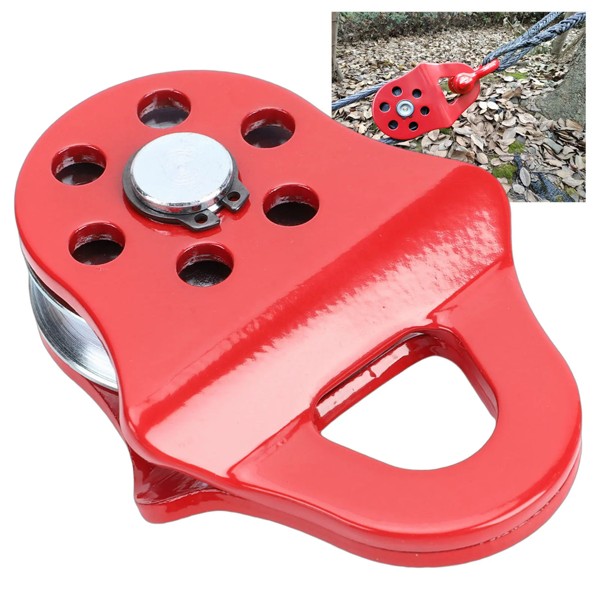 A red heavy duty winch snatch block with a silver mounting plate and a handle, shown next to a rope.