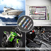 Collage showing a boat, home wiring components, a motorcycle, and a vehicle engine.