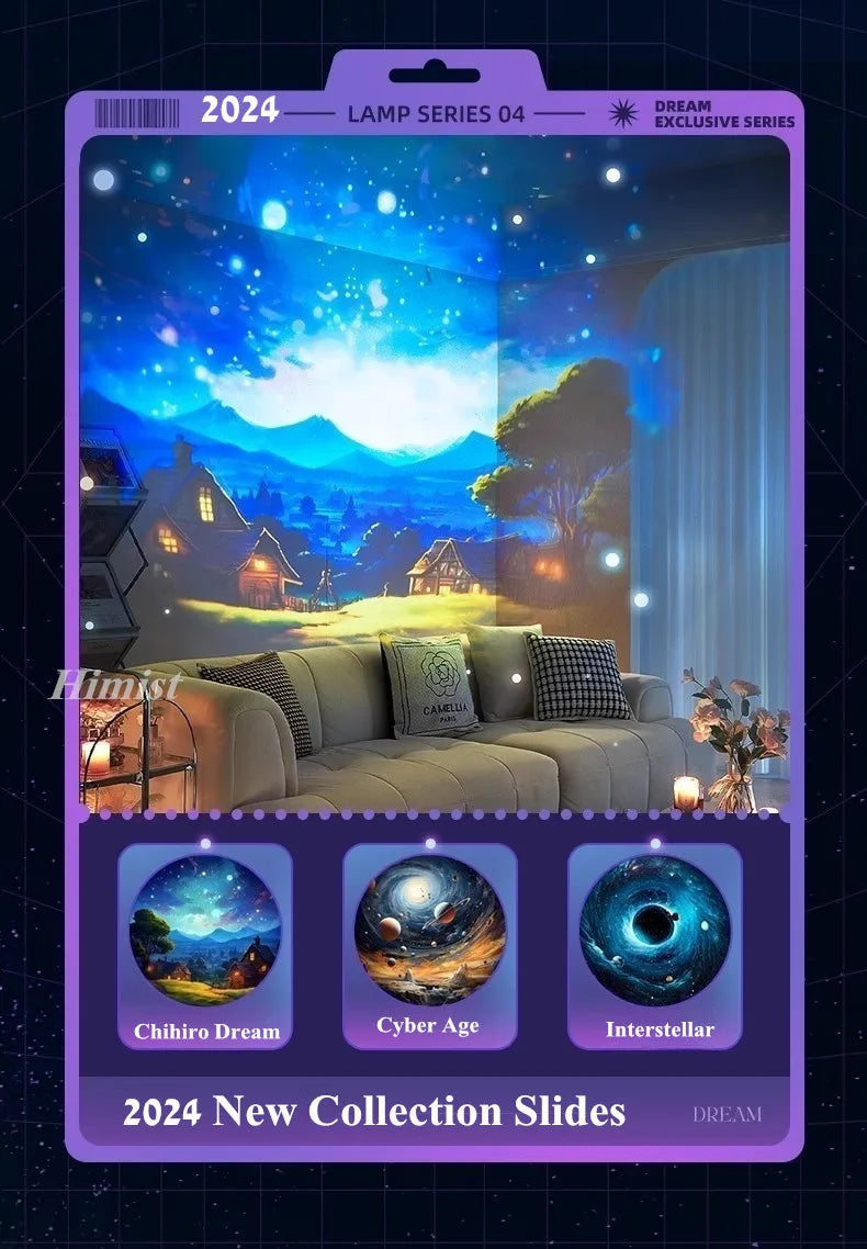 A product slide featuring a vibrant night scene and three circular galaxy designs for the 2024 Lamp Series 04.