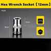A silver hex wrench socket bit with a 12mm drive size is shown against a dark background.