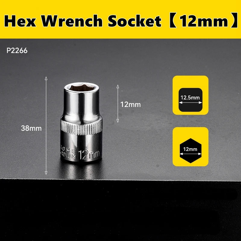A silver hex wrench socket bit with a 12mm drive size is shown against a dark background.