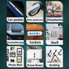 A collage showing various uses of heavy duty double-sided reusable adhesive tape including car pedals, rain eyebrows, ornamen