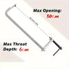 A light-duty drop forged steel bar clamp showing maximum opening and throat depth measurements.