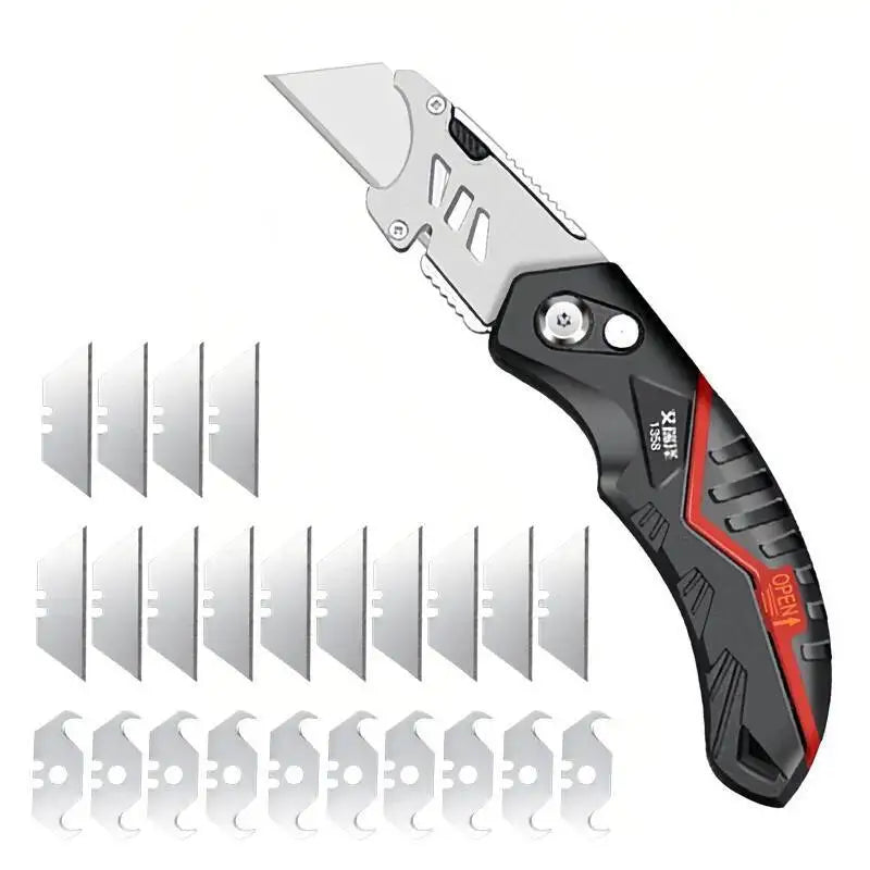 A folding utility knife with a silver blade and black handle is shown alongside multiple blade inserts.