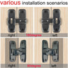 Scénarios d'installation montrant le loquet de porte à bascule de 90 et 180 degrés dans les orientations droite et gauche.