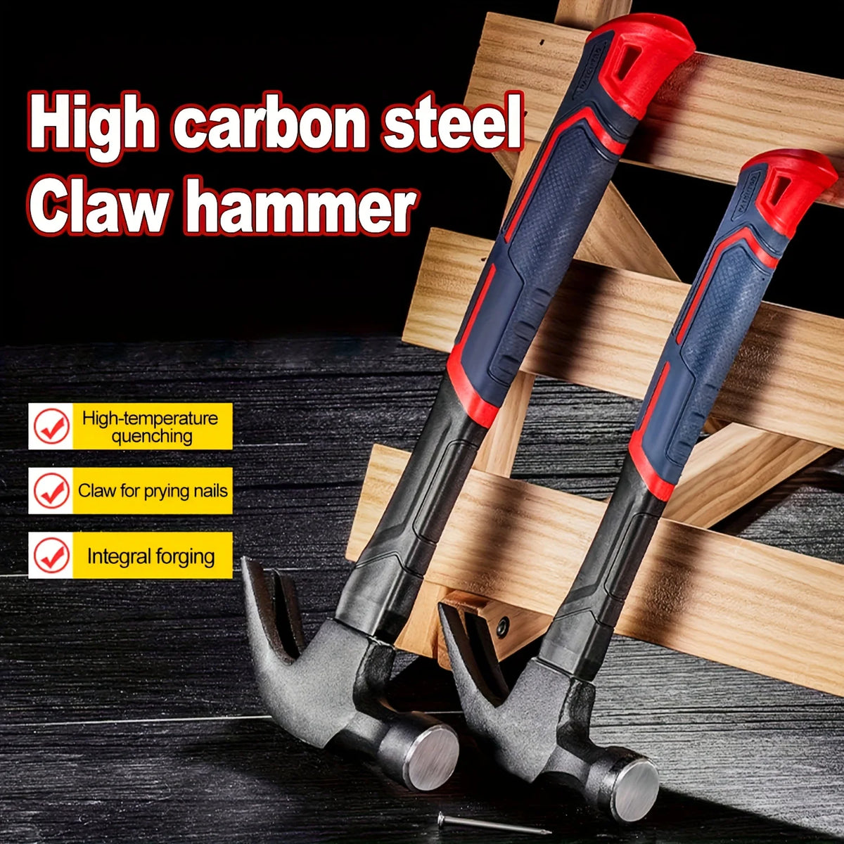 A red and black claw hammer is shown resting on a dark wooden surface with text highlighting its features.