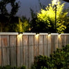 Solardeckleuchten, die eine Holzbrüstung und einen Weg bei Nacht beleuchten.