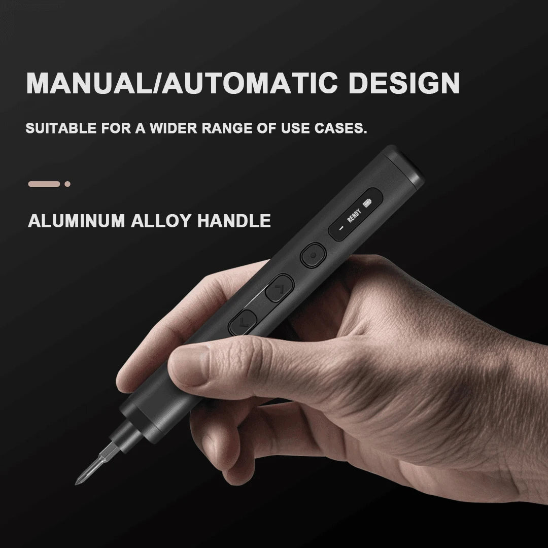 A hand holds a black aluminum alloy handle of a manual/automatic design precision screwdriver kit.