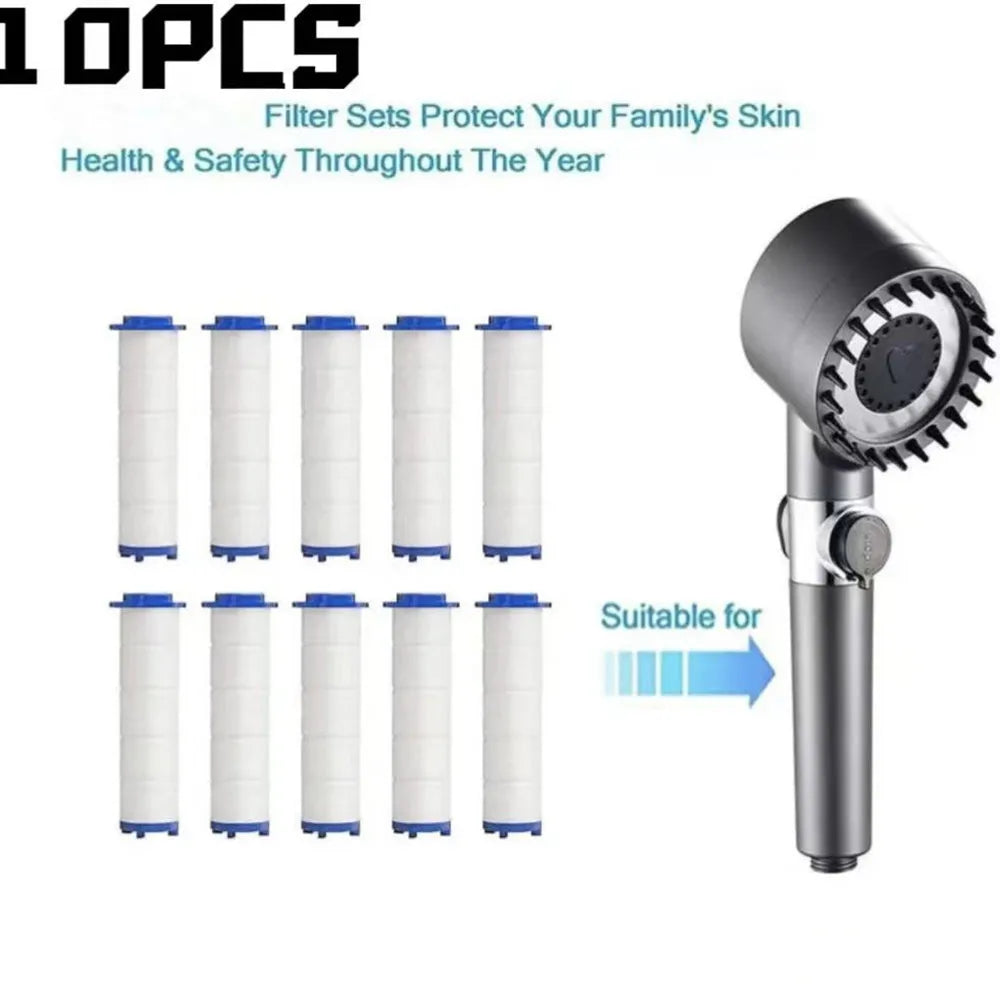 A set of ten shower head replacement filters for protecting family skin health and safety.