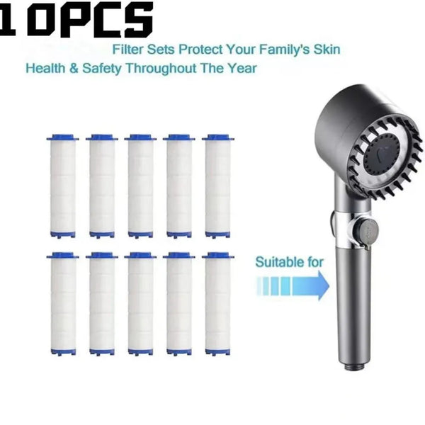 A set of ten shower head replacement filters for protecting family skin health and safety.