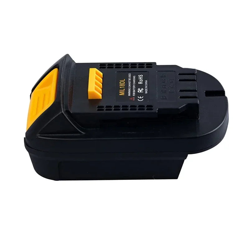 Black battery adapter for Milwaukee to Dewalt tools with yellow accents and certification markings