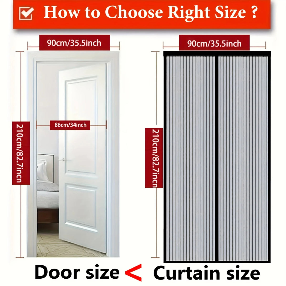 Comparison showing door size and curtain size dimensions for choosing the right size