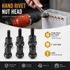 A hand rivet nut head kit showing various sizes of black rivet nuts and a power tool applying them.