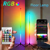 A hand holds a smartphone displaying an RGB LED floor lamp, showcasing various colors and light effects.