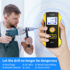 A hand holds a yellow wall detector scanner device next to a person using a power drill.