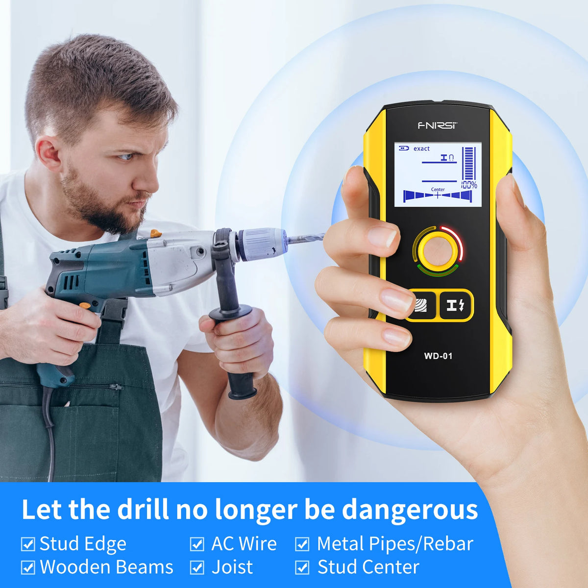 A hand holds a yellow wall detector scanner device next to a person using a power drill.