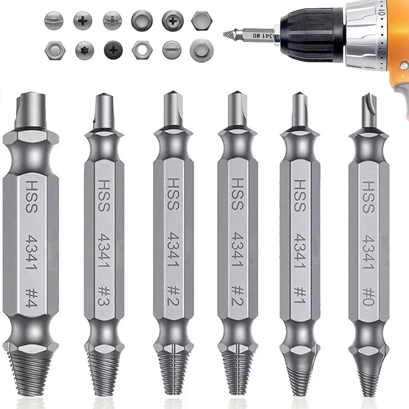 A set of heavy-duty screw extractors with various sizes and tips for removing damaged screws.