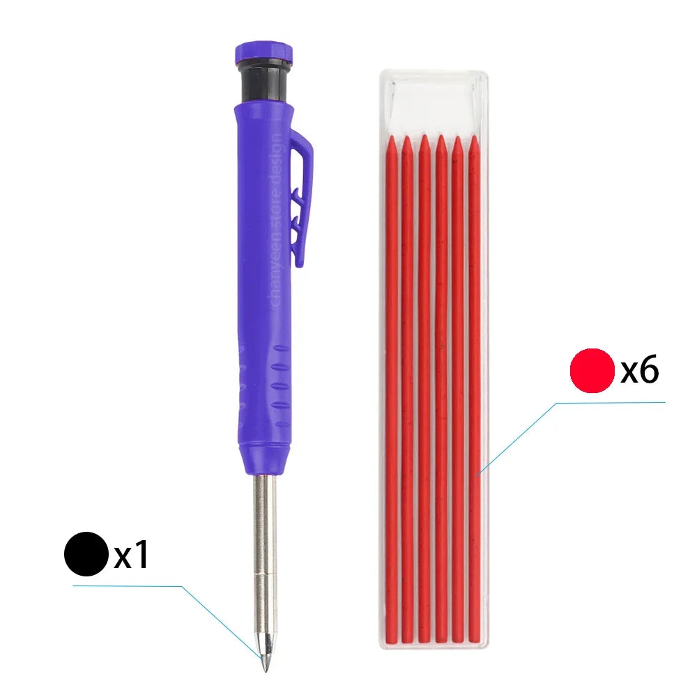 A set of six red pencil refills in a clear plastic container with a purple pencil holder and a metal pencil tip.