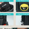 A set of heavy-duty tool belt features includes a tough and durable pocket, a tape measure pocket with rubber grip, a tape st