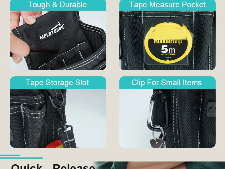 A set of heavy-duty tool belt features includes a tough and durable pocket, a tape measure pocket with rubber grip, a tape st