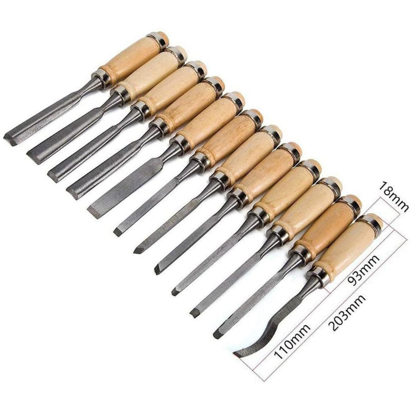 A set of twelve wooden carving chisels with varying lengths arranged diagonally.