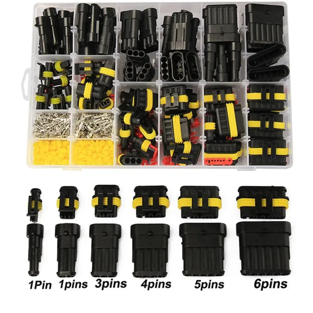 A kit of waterproof electrical connectors in various sizes and pin counts for vehicles and boats.