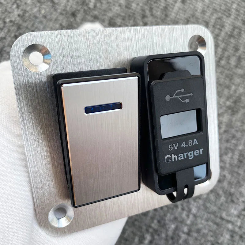 Panneau d'aluminium argenté avec module chargeur noir et composants de commutateur.