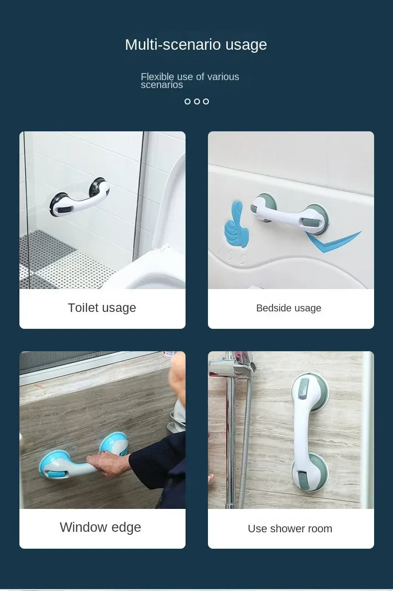 Demonstration of a universal non-slip shower grab bar and handrail used in various scenarios like toilet, bedside, window edg
