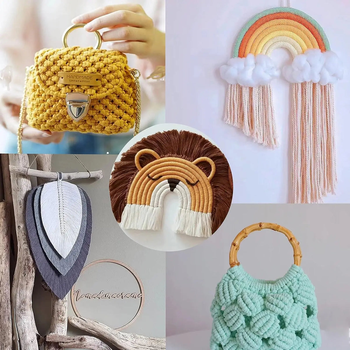 A collection of handmade macrame items including a yellow woven bag, a rainbow wall hanging, and a green crocheted pouch.