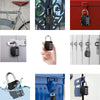 Various views of a black heavy duty combination padlock and lock mechanism on bicycles, doors, and boxes.