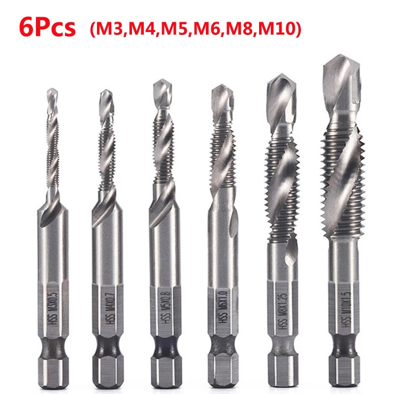 A set of six titanium coated hex shank tap and drill bits labeled M3, M4, M5, M6, M8, and M10.