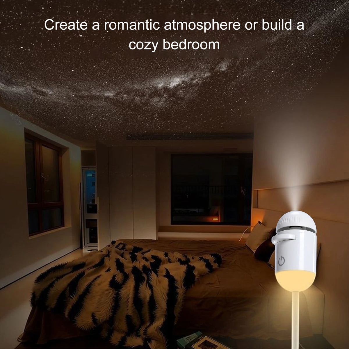 A white night light projector illuminates a cozy bedroom with a starry ceiling and leopard print bedding.