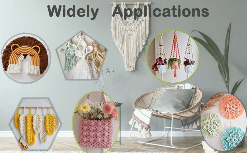 Various macrame applications including animal shapes, plant hangers, and decorative cords made from natural cotton