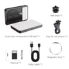 Kit professionnel de lumières LED vidéo avec attache, clip téléphone, bande magnétique, câble de données et manuel.