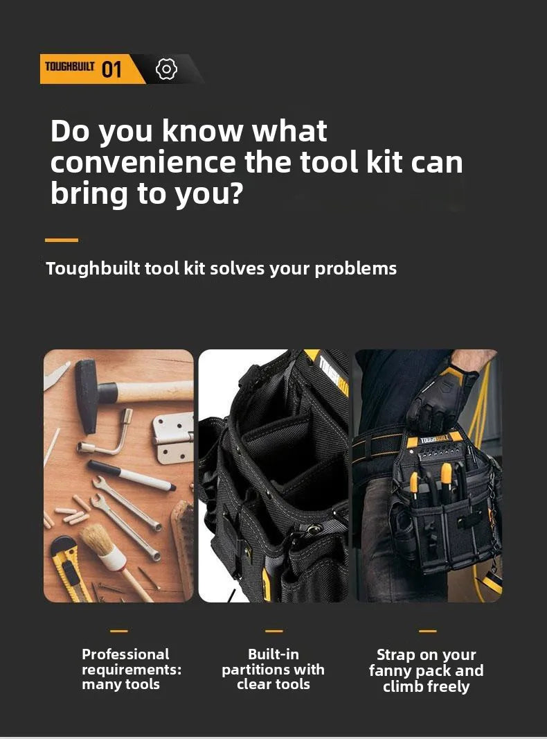 A black tool kit bag shown with various tools and a professional tool belt worn by a person.