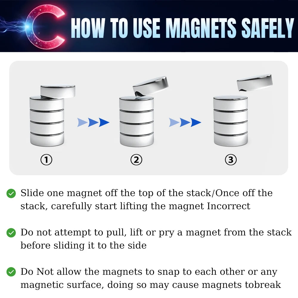 Instructions showing how to safely use and lift magnets from a stack for DIY projects