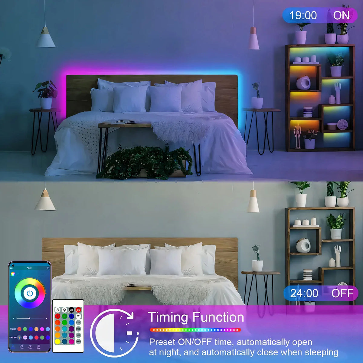 A bedroom setup featuring a bed with purple and blue LED lighting, alongside a control panel showing timing functions.