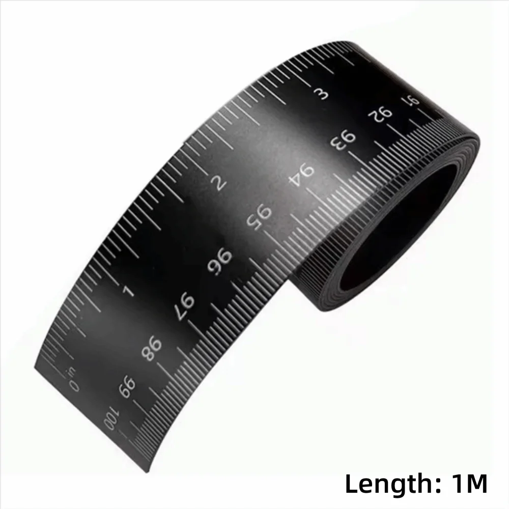 A black magnetic dual scale flexible measuring ruler showing markings up to 1 meter.