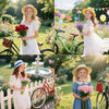 A young girl in a white dress is shown with a bicycle and flowers in a sunny outdoor setting.